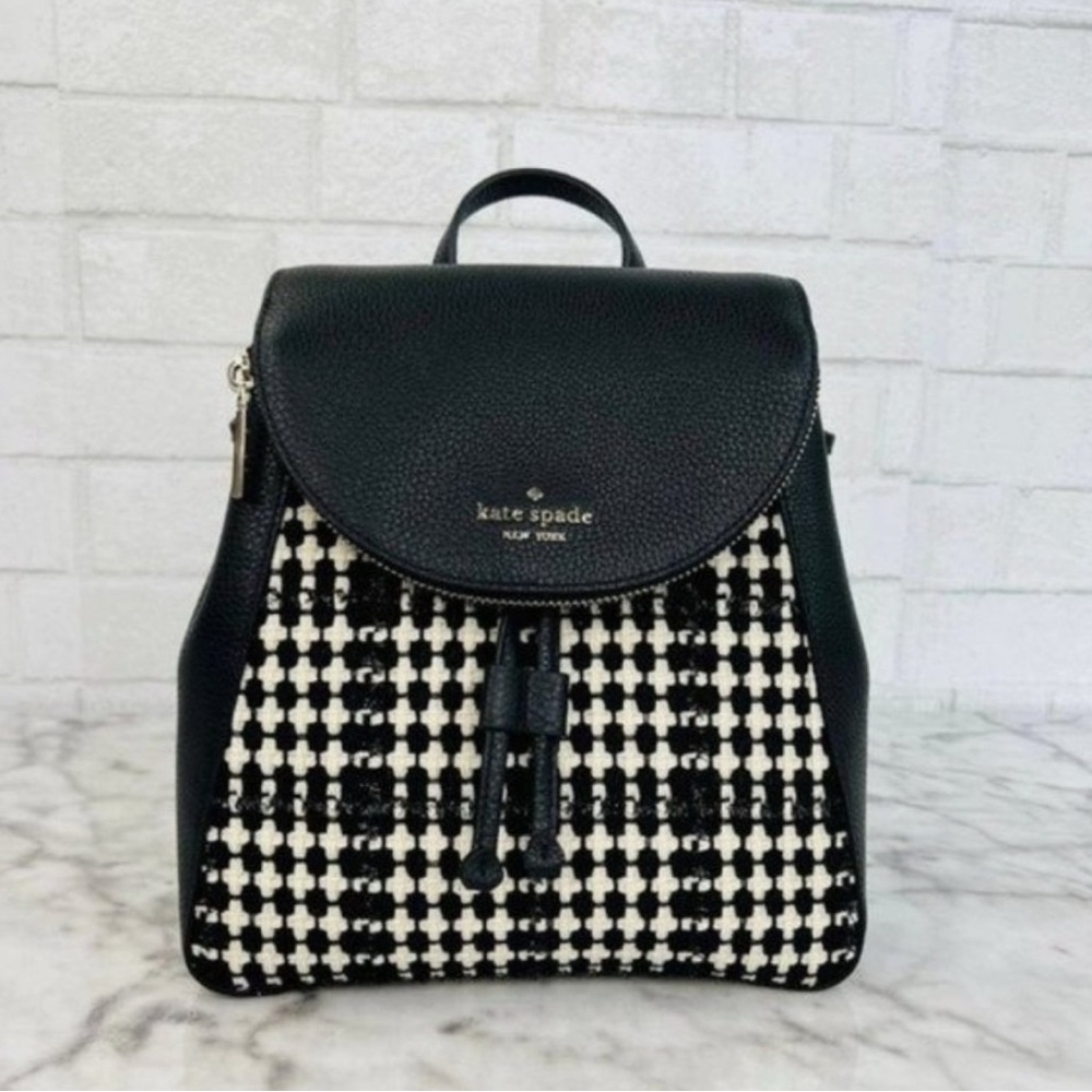 Kate Spade Gingham Black & White Tweed Drawstring Backpack NWT